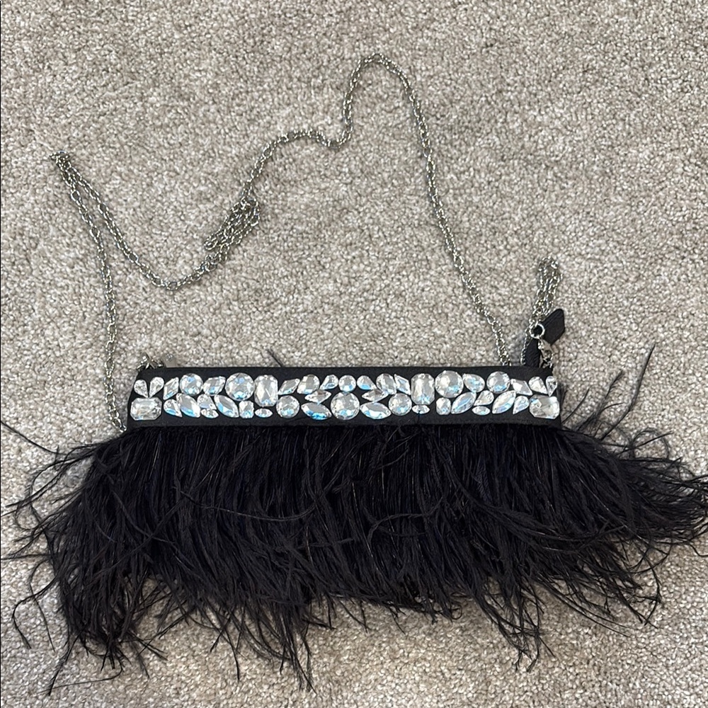 Charming Charlie Black Feathered Clutch with Rhinestone Accents